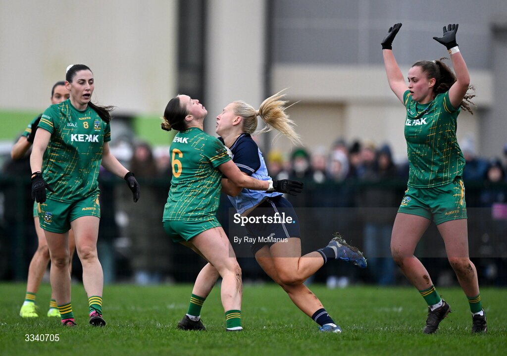 2 February 2026; Jodi Egan of Dublin is tackled by Sarah Wall of Meath during the Lidl Ladies National Football League Division 1 Round 2 match between Meath and Dublin at St Patrick’s GFC in Stamullen, Meath. Photo by Ray McManus/Sportsfile