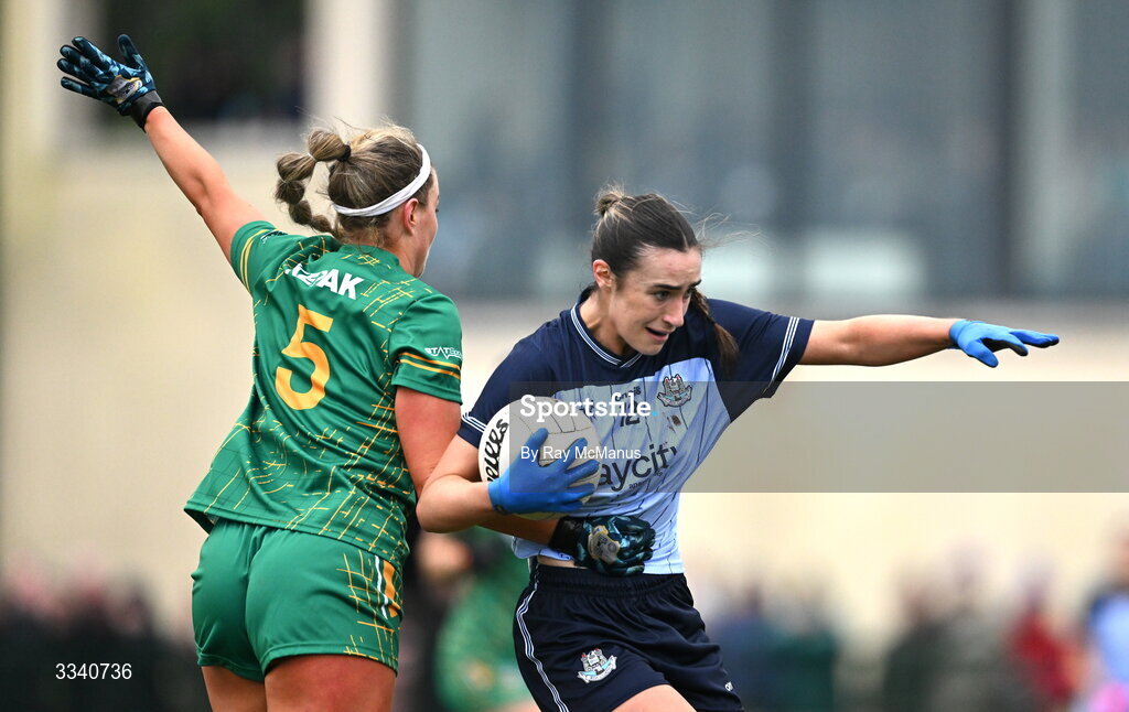 2 February 2026; Kate Donaghy of Dublin is tackled by Órla Smith of Meath during the Lidl Ladies National Football League Division 1 Round 2 match between Meath and Dublin at St Patrick’s GFC in Stamullen, Meath. Photo by Ray McManus/Sportsfile