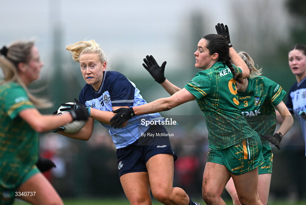 2 February 2026; Jodi Egan of Dublin is tackled by Niamh Gallogly of Meath during the Lidl Ladies National Football League Division 1 Round 2 match between Meath and Dublin at St Patrick’s GFC in Stamullen, Meath. Photo by Ray McManus/Sportsfile