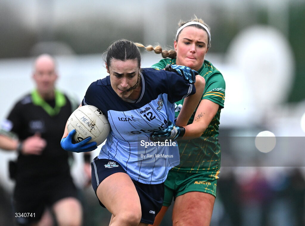 2 February 2026; Kate Donaghy of Dublin is tackled by Órla Smith of Meath during the Lidl Ladies National Football League Division 1 Round 2 match between Meath and Dublin at St Patrick’s GFC in Stamullen, Meath. Photo by Ray McManus/Sportsfile