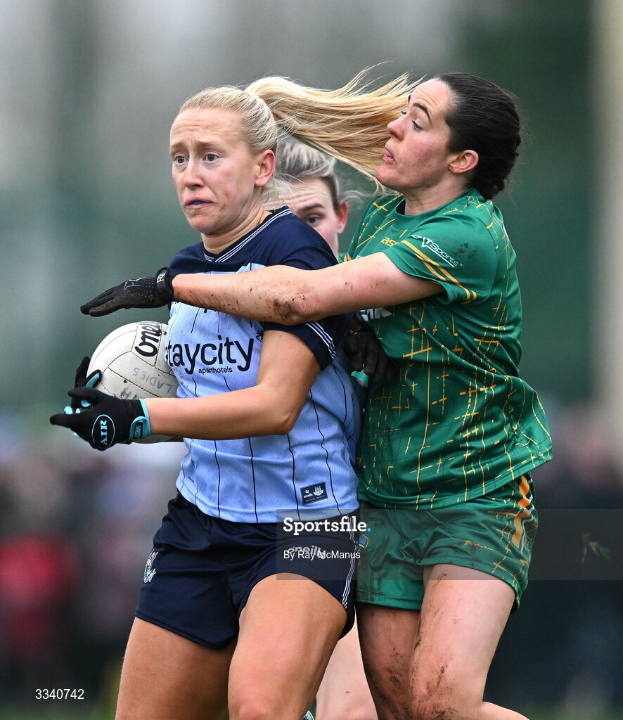 2 February 2026; Jodi Egan of Dublin is tackled by Niamh Gallogly of Meath during the Lidl Ladies National Football League Division 1 Round 2 match between Meath and Dublin at St Patrick’s GFC in Stamullen, Meath. Photo by Ray McManus/Sportsfile