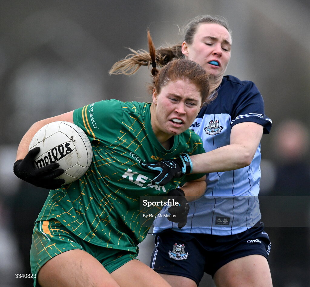 2 February 2026; Ciara Smyth of Meath is tackled by Hannah Leahy of Dublin during the Lidl Ladies National Football League Division 1 Round 2 match between Meath and Dublin at St Patrick’s GFC in Stamullen, Meath. Photo by Ray McManus/Sportsfile