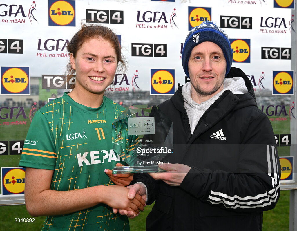 2 February 2026; Ciara Smyth of Meath receives the Player of the Match award from David McMahon, Store Manager, Lidl Ardee, after the Lidl Ladies National Football League Division 1 Round 2 match between Meath and Dublin at St Patrick’s GFC in Stamullen, Meath. Photo by Ray McManus/Sportsfile