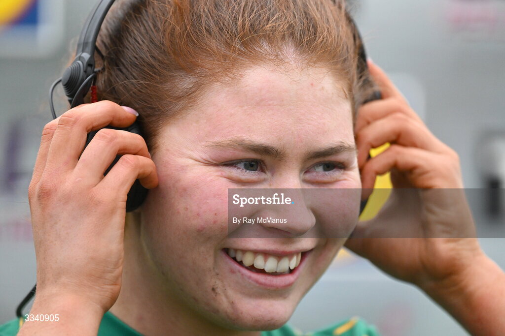 2 February 2026; Ciara Smyth of Meath settles a set of headphones as she prepares to be interviewed by TG4 after the Lidl Ladies National Football League Division 1 Round 2 match between Meath and Dublin at St Patrick’s GFC in Stamullen, Meath. Photo by Ray McManus/Sportsfile