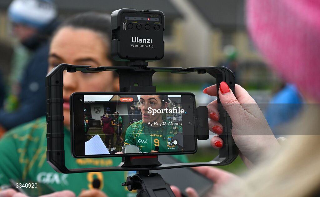 2 February 2026; Niamh Gallogly of Meath is interviewed after the Lidl Ladies National Football League Division 1 Round 2 match between Meath and Dublin at St Patrick’s GFC in Stamullen, Meath. Photo by Ray McManus/Sportsfile