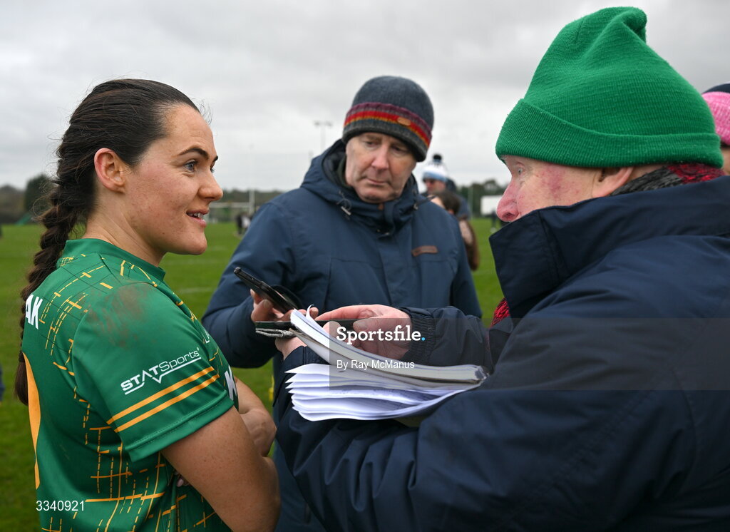 2 February 2026; Niamh Gallogly of Meath is interviewed after the Lidl Ladies National Football League Division 1 Round 2 match between Meath and Dublin at St Patrick’s GFC in Stamullen, Meath. Photo by Ray McManus/Sportsfile