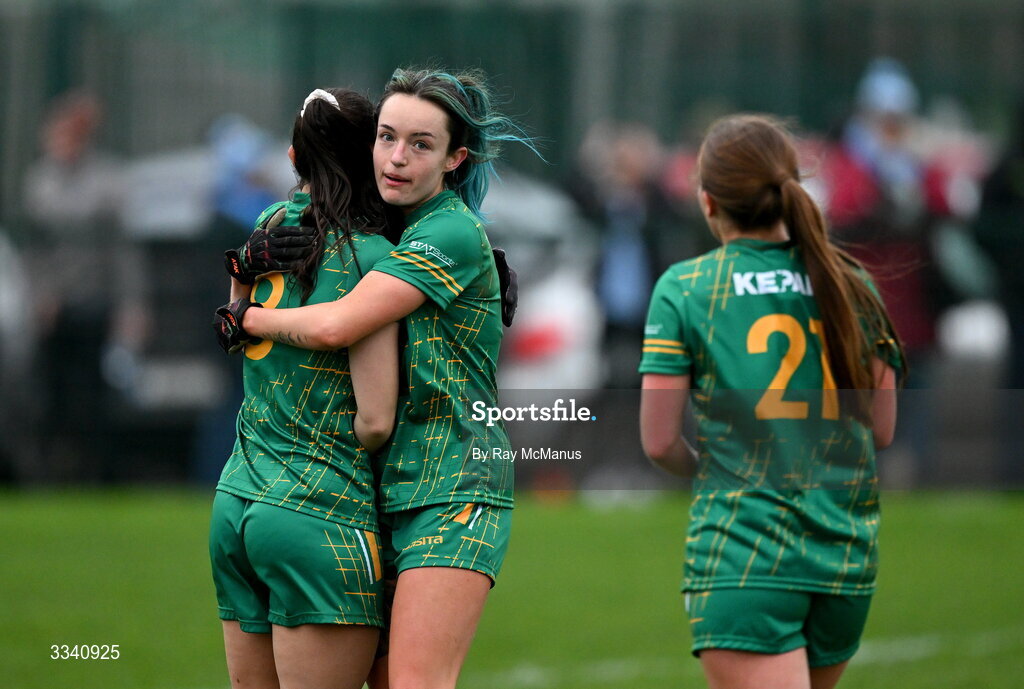 2 February 2026; Katie Bermingham of Meath celebrates with Orlaith Sheehy and Ciara Lawlor, 21, after the Lidl Ladies National Football League Division 1 Round 2 match between Meath and Dublin at St Patrick’s GFC in Stamullen, Meath. Photo by Ray McManus/Sportsfile