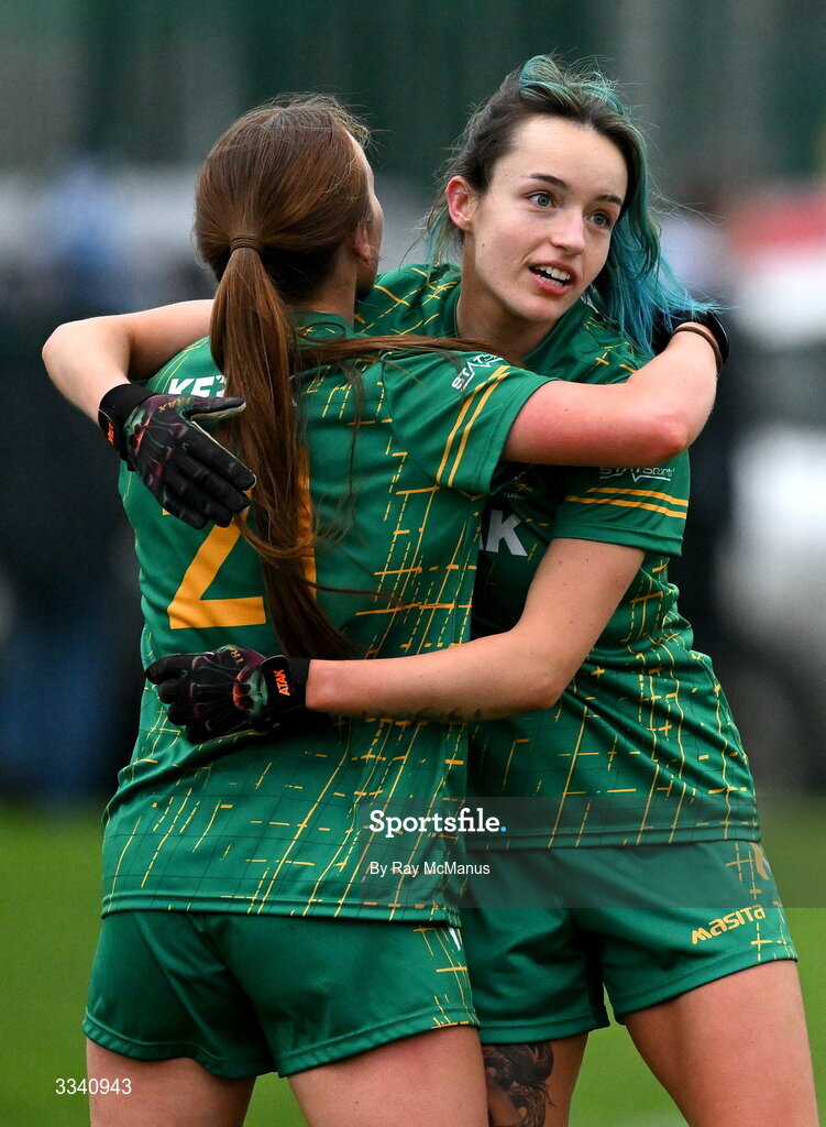 2 February 2026; Katie Bermingham of Meath celebrates with Ciara Lawlor, left, after the Lidl Ladies National Football League Division 1 Round 2 match between Meath and Dublin at St Patrick’s GFC in Stamullen, Meath. Photo by Ray McManus/Sportsfile