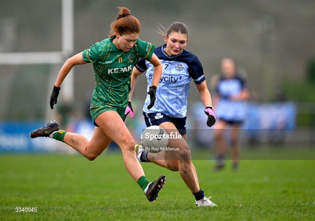 2 February 2026; Ciara Smyth of Meath in action against Ellen Gribben of Dublin during the Lidl Ladies National Football League Division 1 Round 2 match between Meath and Dublin at St Patrick’s GFC in Stamullen, Meath. Photo by Ray McManus/Sportsfile