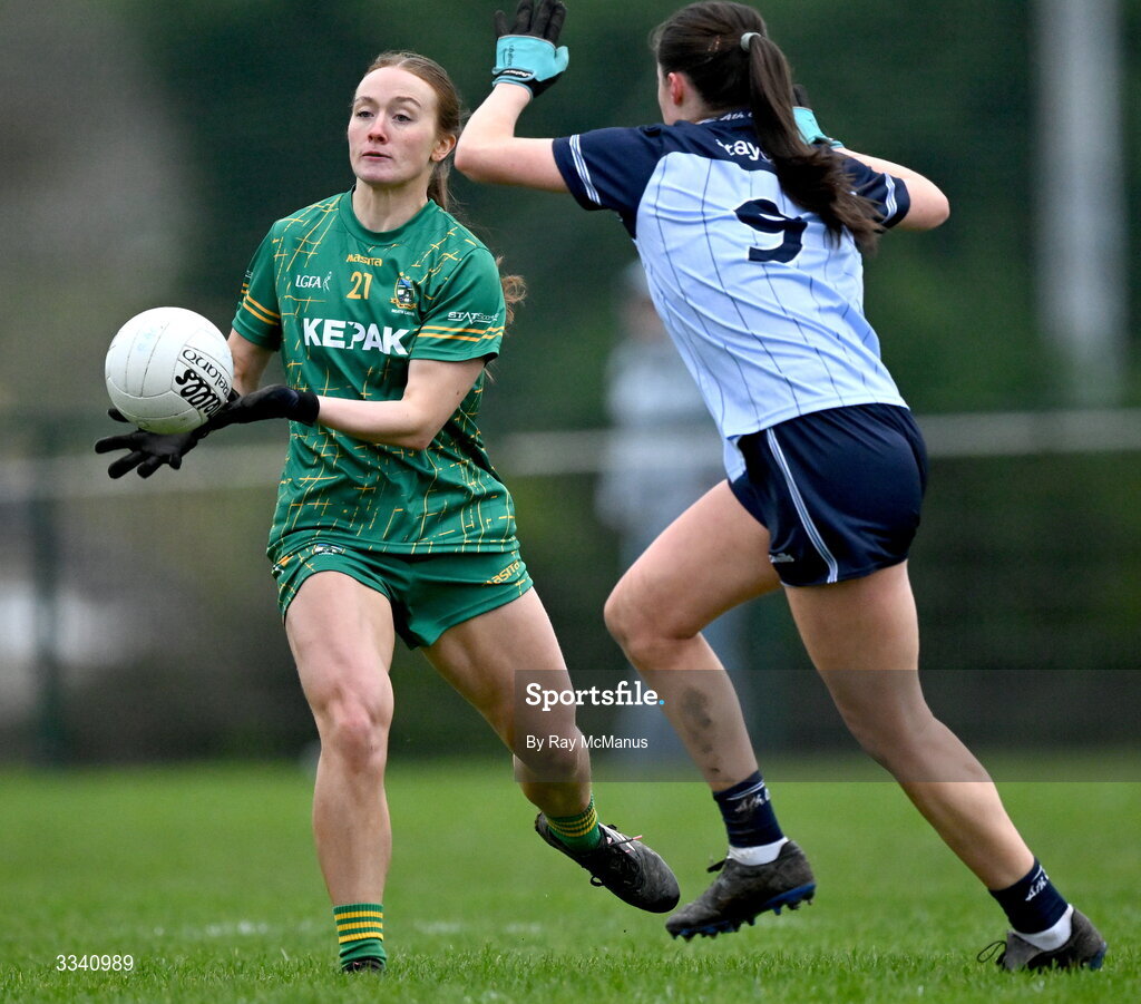 2 February 2026; Ciara Lawlor of Meath in action against Hannah McGinnis of Dublin during the Lidl Ladies National Football League Division 1 Round 2 match between Meath and Dublin at St Patrick’s GFC in Stamullen, Meath. Photo by Ray McManus/Sportsfile