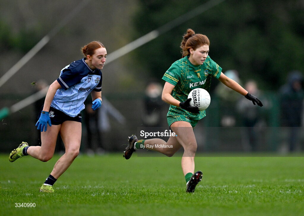 2 February 2026; Ciara Smyth of Meath in action against Siobhan Birnie of Dublin during the Lidl Ladies National Football League Division 1 Round 2 match between Meath and Dublin at St Patrick’s GFC in Stamullen, Meath. Photo by Ray McManus/Sportsfile