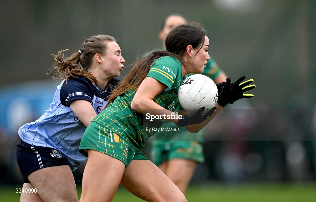 2 February 2026; Rachel Casserly of Meath is tackled by Hannah Leahy of Dublin during the Lidl Ladies National Football League Division 1 Round 2 match between Meath and Dublin at St Patrick’s GFC in Stamullen, Meath. Photo by Ray McManus/Sportsfile