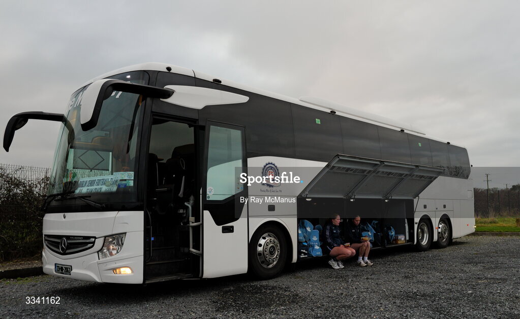 2 February 2026; Dublin players Shannon Russell, left, and Elsa Kearney enjoy lunch before boarding the bus home after the Lidl Ladies National Football League Division 1 Round 2 match between Meath and Dublin at St Patrick’s GFC in Stamullen, Meath. Photo by Ray McManus/Sportsfile