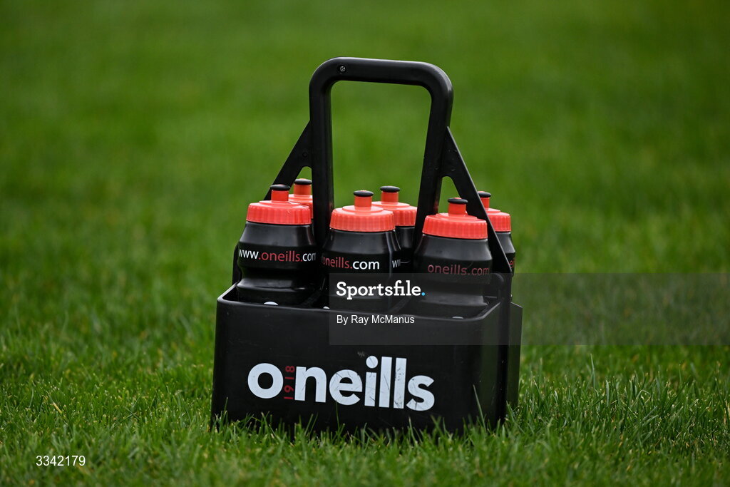2 February 2026; O'Neills drink bottles and carrier on the grass before the Lidl Ladies National Football League Division 1 Round 2 match between Meath and Dublin at St Patrick’s GFC in Stamullen, Meath. Photo by Ray McManus/Sportsfile