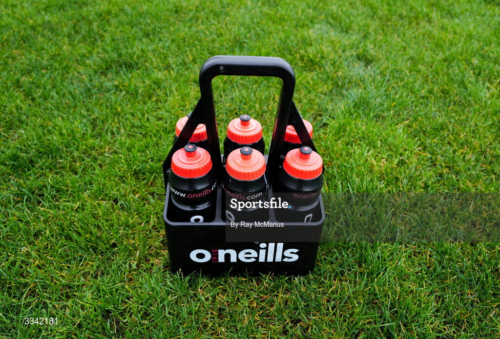 2 February 2026; O'Neills drink bottles and carrier on the grass before the Lidl Ladies National Football League Division 1 Round 2 match between Meath and Dublin at St Patrick’s GFC in Stamullen, Meath. Photo by Ray McManus/Sportsfile