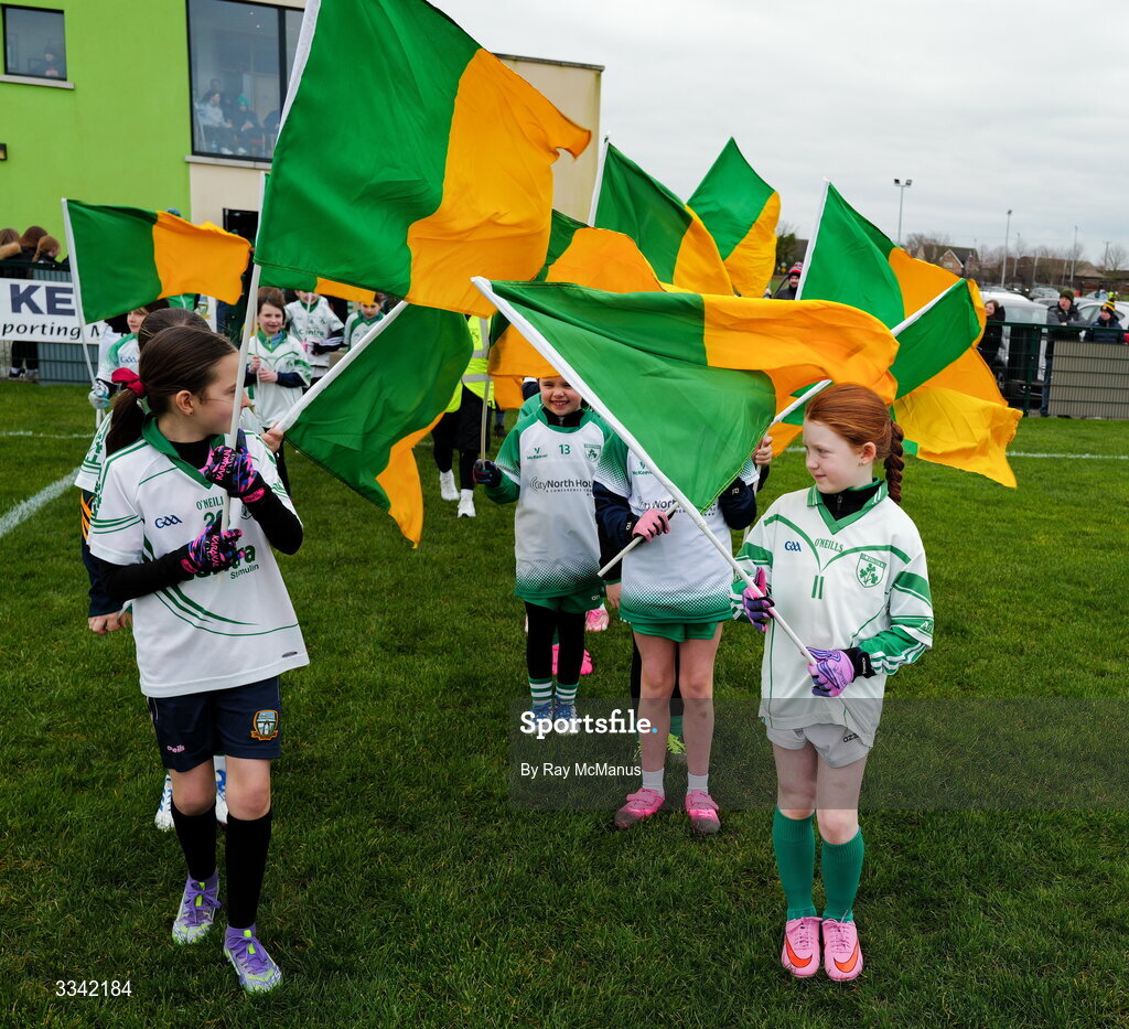 2 February 2026; Young players from the host club, St Patrick’s GFC, make their way to form a guard of honour for the team in advance of the Lidl Ladies National Football League Division 1 Round 2 match between Meath and Dublin at St Patrick’s GFC in Stamullen, Meath. Photo by Ray McManus/Sportsfile