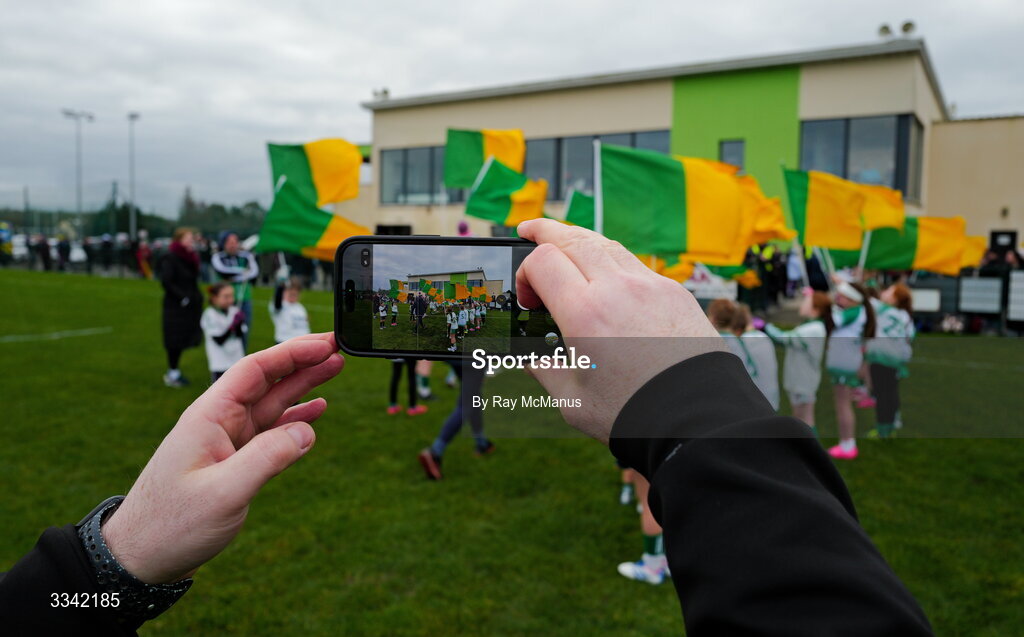 2 February 2026; An iPhone user takes a picture as players from the host club, St Patrick’s GFC, make their way to form a guard of honour for the team in advance of the Lidl Ladies National Football League Division 1 Round 2 match between Meath and Dublin at St Patrick’s GFC in Stamullen, Meath. Photo by Ray McManus/Sportsfile