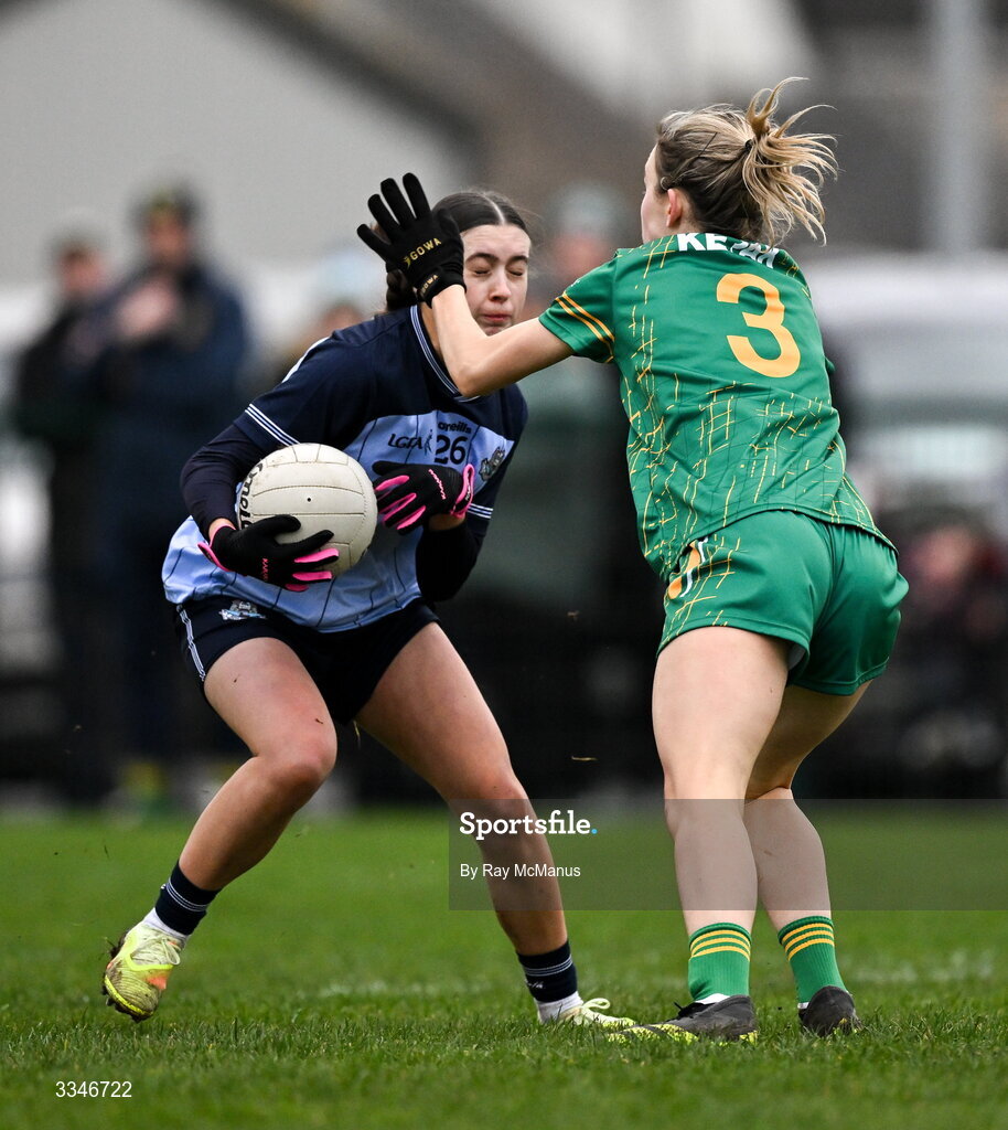 2 February 2026; Gemma Connolly of Dublin is tackled by Mary Kate Lynch of Meath during the Lidl Ladies National Football League Division 1 Round 2 match between Meath and Dublin at St Patrick’s GFC in Stamullen, Meath. Photo by Ray McManus/Sportsfile