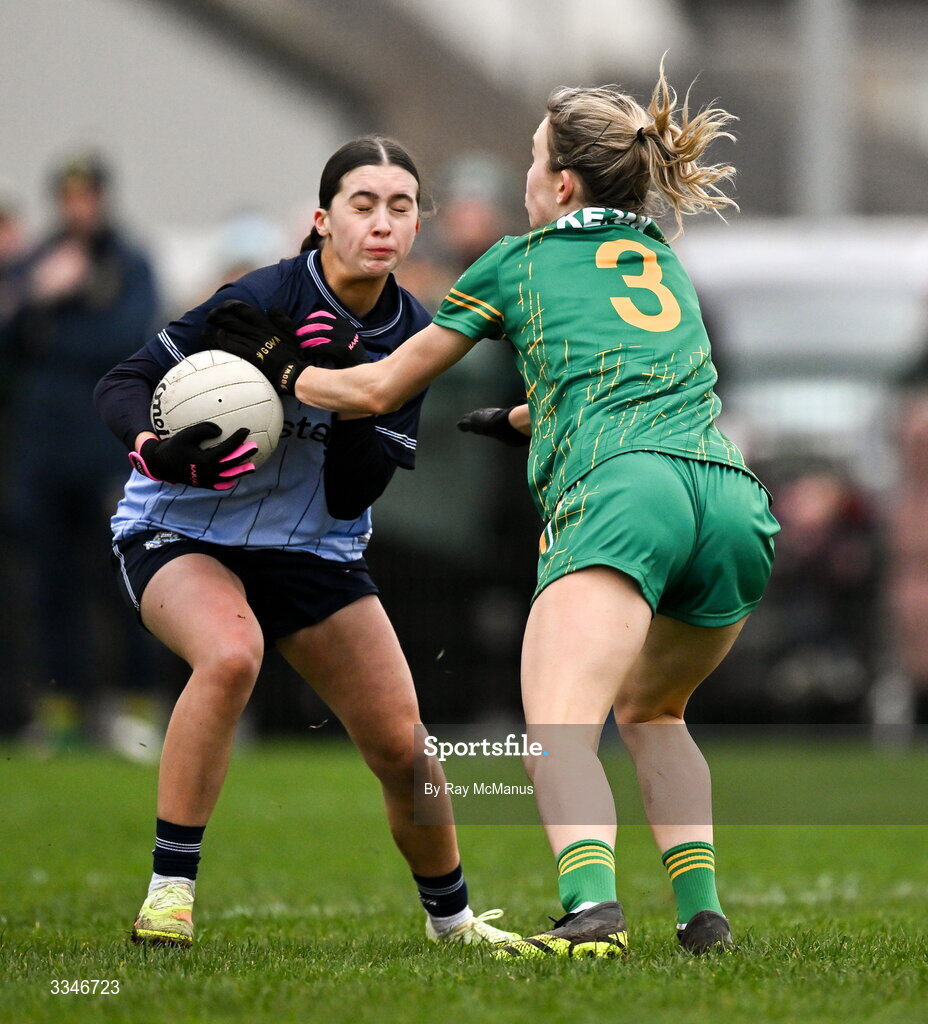 2 February 2026; Gemma Connolly of Dublin is tackled by Mary Kate Lynch of Meath during the Lidl Ladies National Football League Division 1 Round 2 match between Meath and Dublin at St Patrick’s GFC in Stamullen, Meath. Photo by Ray McManus/Sportsfile