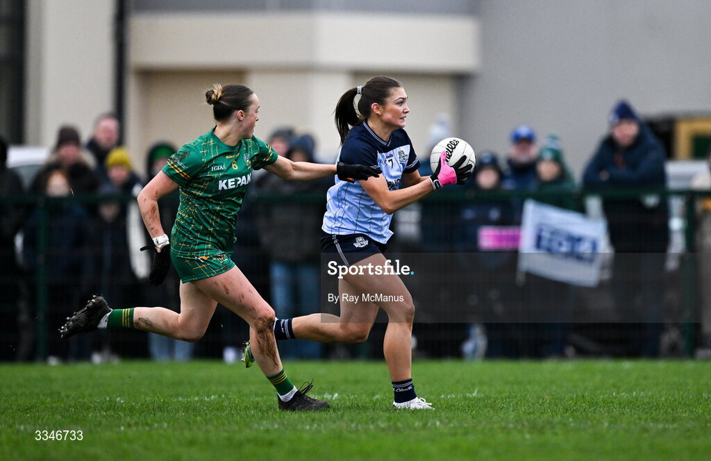 2 February 2026; Ellen Gribben of Dublin is tackled by Sarah Wall of Meath during the Lidl Ladies National Football League Division 1 Round 2 match between Meath and Dublin at St Patrick’s GFC in Stamullen, Meath. Photo by Ray McManus/Sportsfile