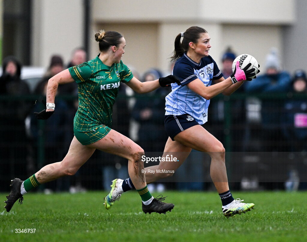 2 February 2026; Ellen Gribben of Dublin in action against Sarah Wall of Meath during the Lidl Ladies National Football League Division 1 Round 2 match between Meath and Dublin at St Patrick’s GFC in Stamullen, Meath. Photo by Ray McManus/Sportsfile