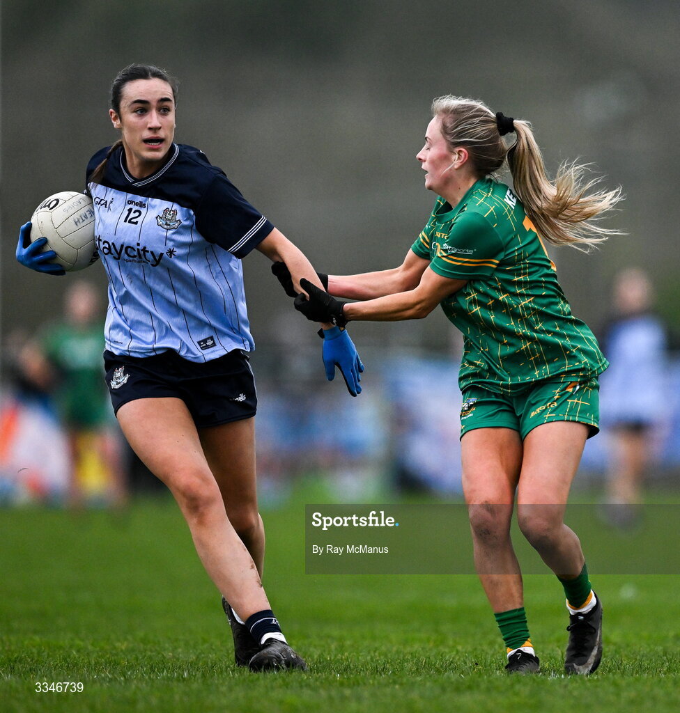 2 February 2026; Kate Donaghy of Dublin is tackled by Megan Thynne of Meath during the Lidl Ladies National Football League Division 1 Round 2 match between Meath and Dublin at St Patrick’s GFC in Stamullen, Meath. Photo by Ray McManus/Sportsfile