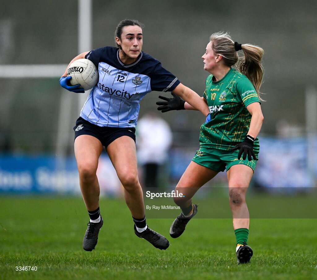 2 February 2026; Kate Donaghy of Dublin is tackled by Megan Thynne of Meath during the Lidl Ladies National Football League Division 1 Round 2 match between Meath and Dublin at St Patrick’s GFC in Stamullen, Meath. Photo by Ray McManus/Sportsfile