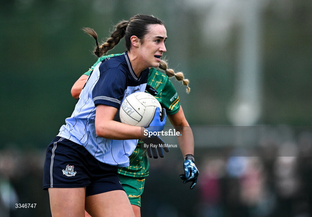 2 February 2026; Kate Donaghy of Dublin is tackled by Órla Smith of Meath during the Lidl Ladies National Football League Division 1 Round 2 match between Meath and Dublin at St Patrick’s GFC in Stamullen, Meath. Photo by Ray McManus/Sportsfile