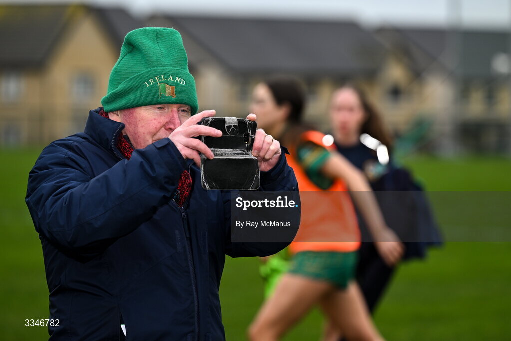 2 February 2026; Meath Chronicle reporter Jimmy Geoghegan records some video before the Lidl Ladies National Football League Division 1 Round 2 match between Meath and Dublin at St Patrick’s GFC in Stamullen, Meath. Photo by Ray McManus/Sportsfile