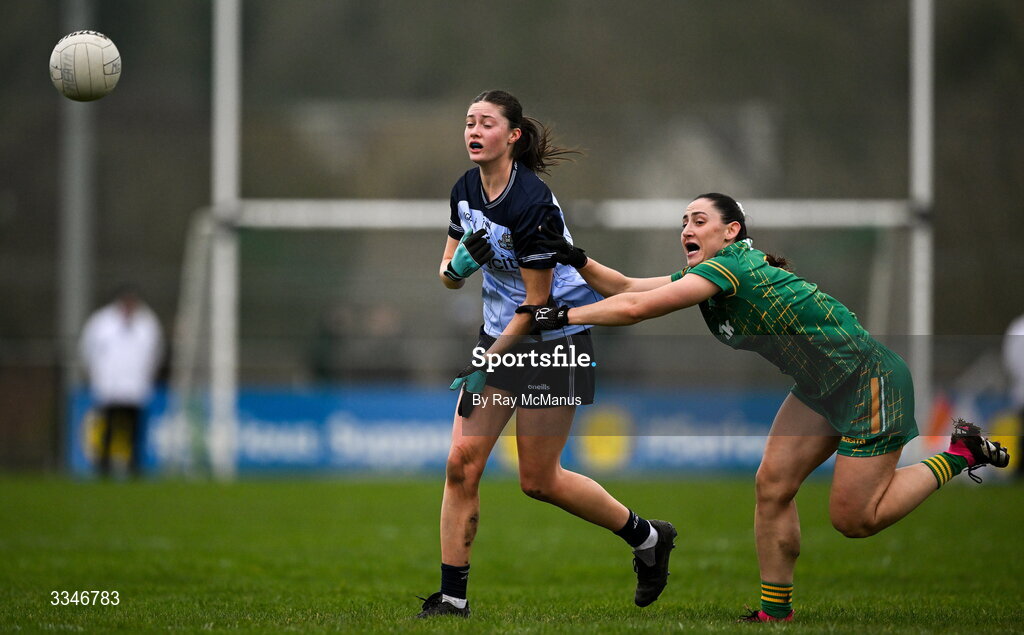 2 February 2026; Hannah McGinnis of Dublin is tackled by Orlaith Sheehy of Meath the Lidl Ladies National Football League Division 1 Round 2 match between Meath and Dublin at St Patrick’s GFC in Stamullen, Meath. Photo by Ray McManus/Sportsfile