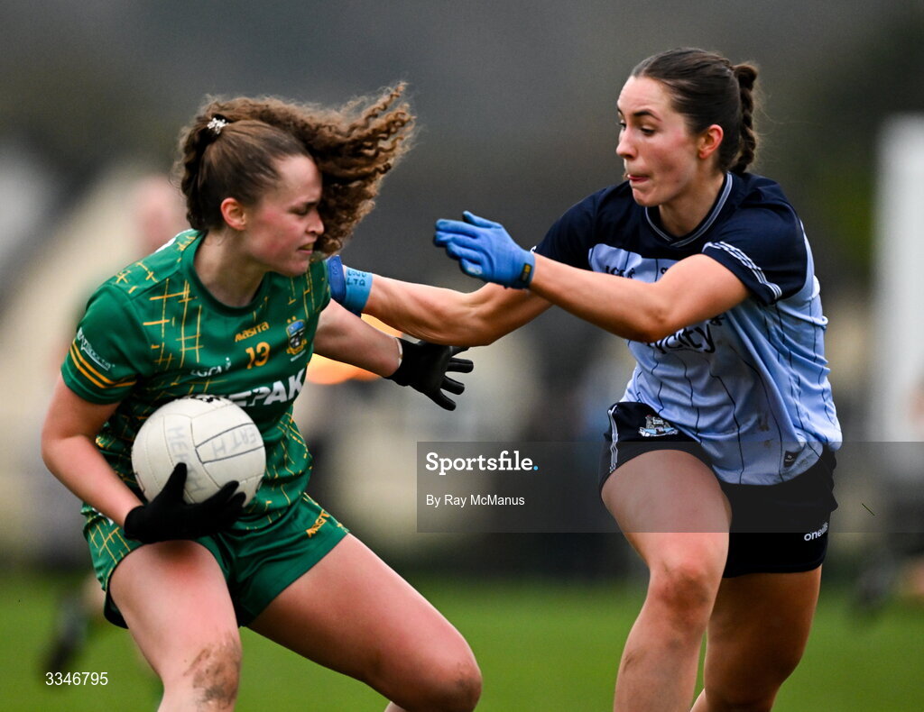 2 February 2026; Emma Duggan of Meath is tackled by Ashling Nyhan of Dublin during the Lidl Ladies National Football League Division 1 Round 2 match between Meath and Dublin at St Patrick’s GFC in Stamullen, Meath. Photo by Ray McManus/Sportsfile