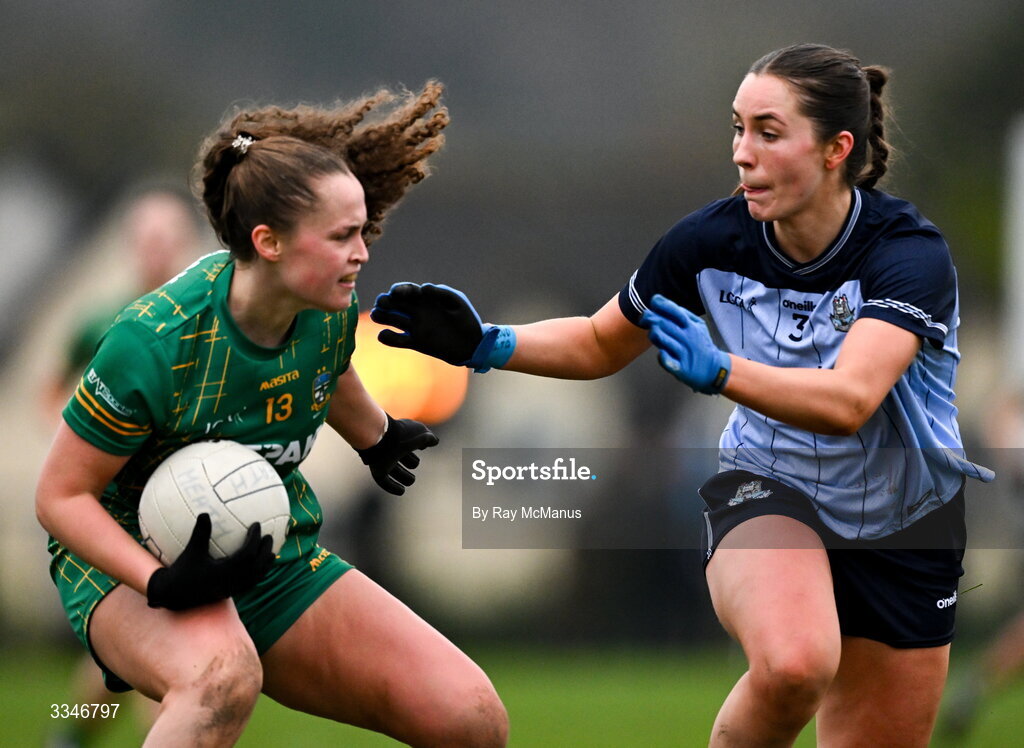 2 February 2026; Emma Duggan of Meath is tackled by Ashling Nyhan of Dublin during the Lidl Ladies National Football League Division 1 Round 2 match between Meath and Dublin at St Patrick’s GFC in Stamullen, Meath. Photo by Ray McManus/Sportsfile
