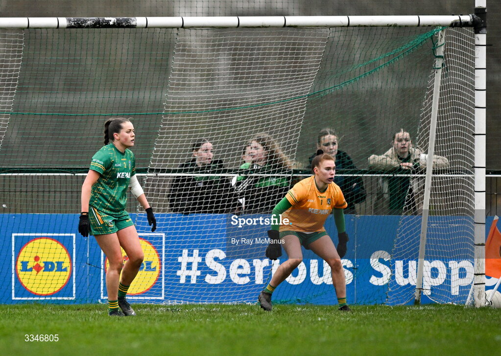 2 February 2026; Meath goalkeeper Robyn Murray and Mary Áine Sheridan, left, during the Lidl Ladies National Football League Division 1 Round 2 match between Meath and Dublin at St Patrick’s GFC in Stamullen, Meath. Photo by Ray McManus/Sportsfile