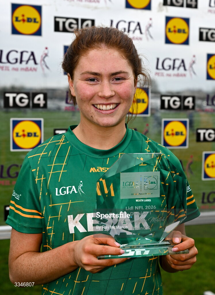 2 February 2026; The he Player of the Match Ciara Smyth of Meath with her award after the Lidl Ladies National Football League Division 1 Round 2 match between Meath and Dublin at St Patrick’s GFC in Stamullen, Meath. Photo by Ray McManus/Sportsfile
