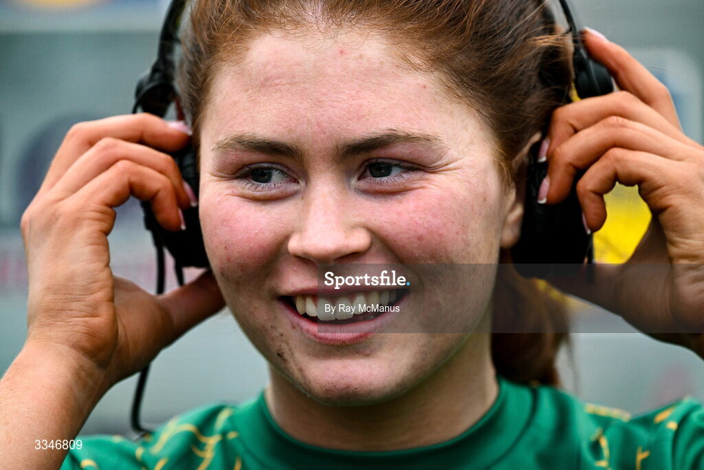 2 February 2026; Ciara Smyth of Meath settles a set of headphones as she prepares to be interviewed by TG4 after the Lidl Ladies National Football League Division 1 Round 2 match between Meath and Dublin at St Patrick’s GFC in Stamullen, Meath. Photo by Ray McManus/Sportsfile