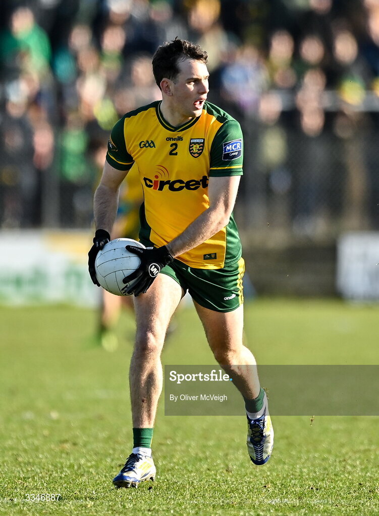 1 February 2026; Caolan McColgan of Donegal during the Allianz Football League Division 1 match between Donegal and Kerry at Fr Tierney Park in Ballyshannon, Donegal. Photo by Oliver McVeigh/Sportsfile