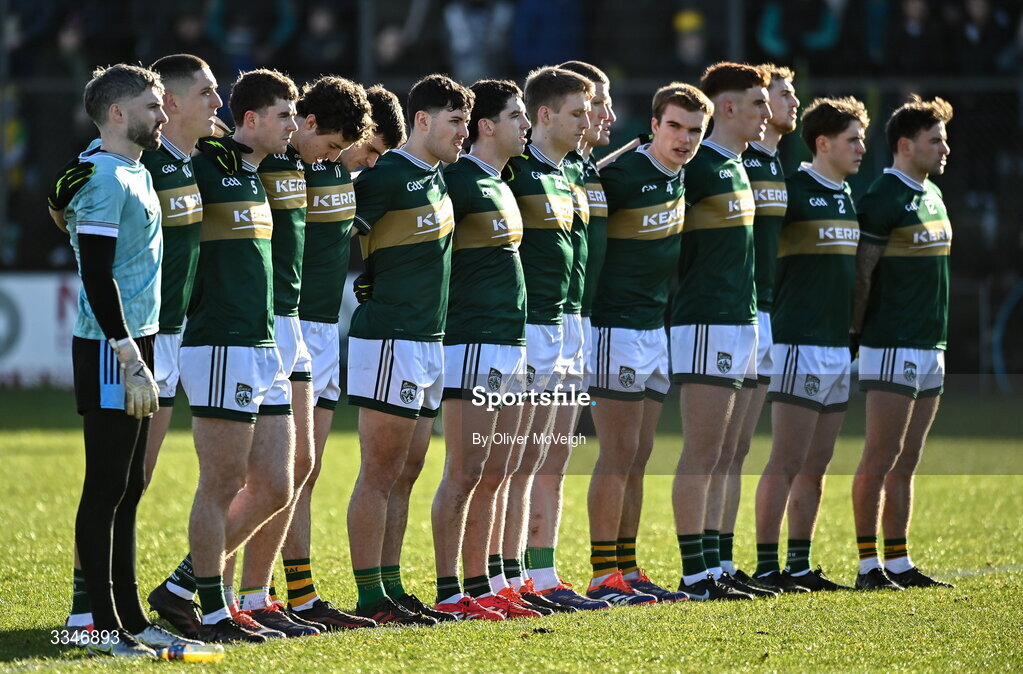 1 February 2026; The Kerry team stand for the national anthem before the Allianz Football League Division 1 match between Donegal and Kerry at Fr Tierney Park in Ballyshannon, Donegal. Photo by Oliver McVeigh/Sportsfile