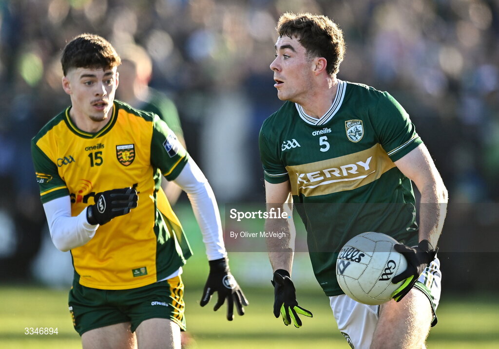 1 February 2026; Armin Heinrich of Kerry in action against Shea Malone of Donegal during the Allianz Football League Division 1 match between Donegal and Kerry at Fr Tierney Park in Ballyshannon, Donegal. Photo by Oliver McVeigh/Sportsfile