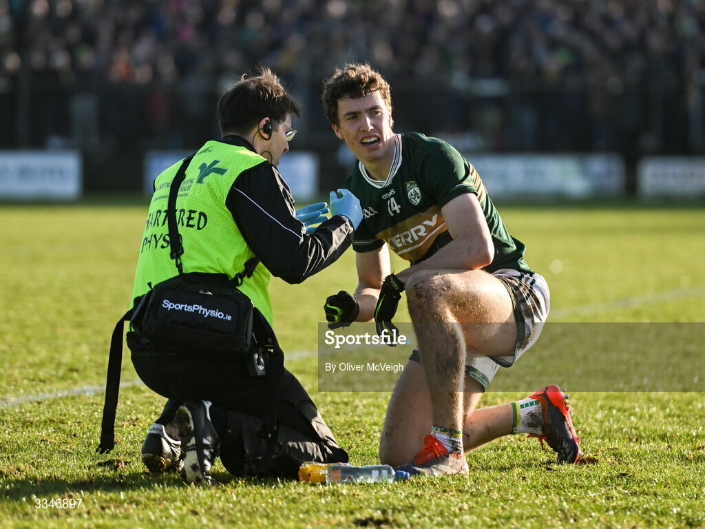 1 February 2026; Tomas Kennedy of Kerry is treated to by the team physio during the Allianz Football League Division 1 match between Donegal and Kerry at Fr Tierney Park in Ballyshannon, Donegal. Photo by Oliver McVeigh/Sportsfile
