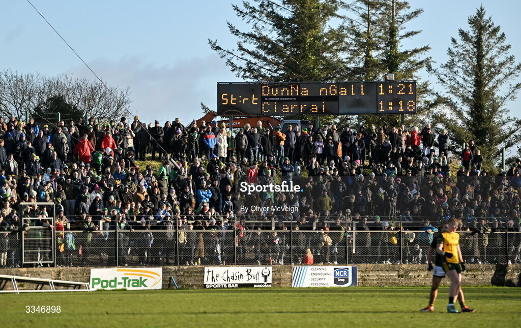 1 February 2026; A general view of the scoreboard in the closing minutes during the Allianz Football League Division 1 match between Donegal and Kerry at Fr Tierney Park in Ballyshannon, Donegal. Photo by Oliver McVeigh/Sportsfile