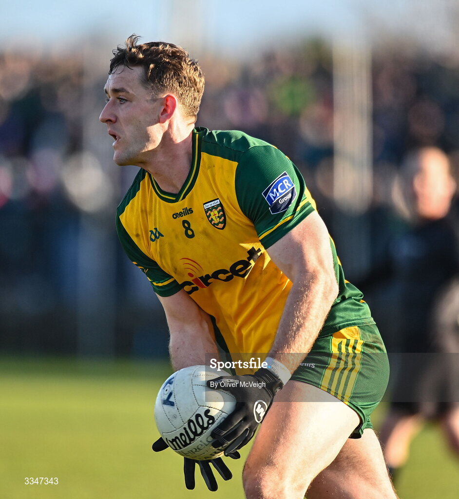 1 February 2026; Hugh McFadden of Donegal during the Allianz Football League Division 1 match between Donegal and Kerry at Fr Tierney Park in Ballyshannon, Donegal. Photo by Oliver McVeigh/Sportsfile