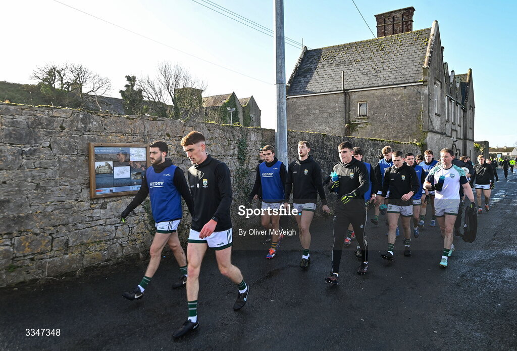 1 February 2026; The Kerry squad coming back from their warm up on an outside pitch before the Allianz Football League Division 1 match between Donegal and Kerry at Fr Tierney Park in Ballyshannon, Donegal. Photo by Oliver McVeigh/Sportsfile