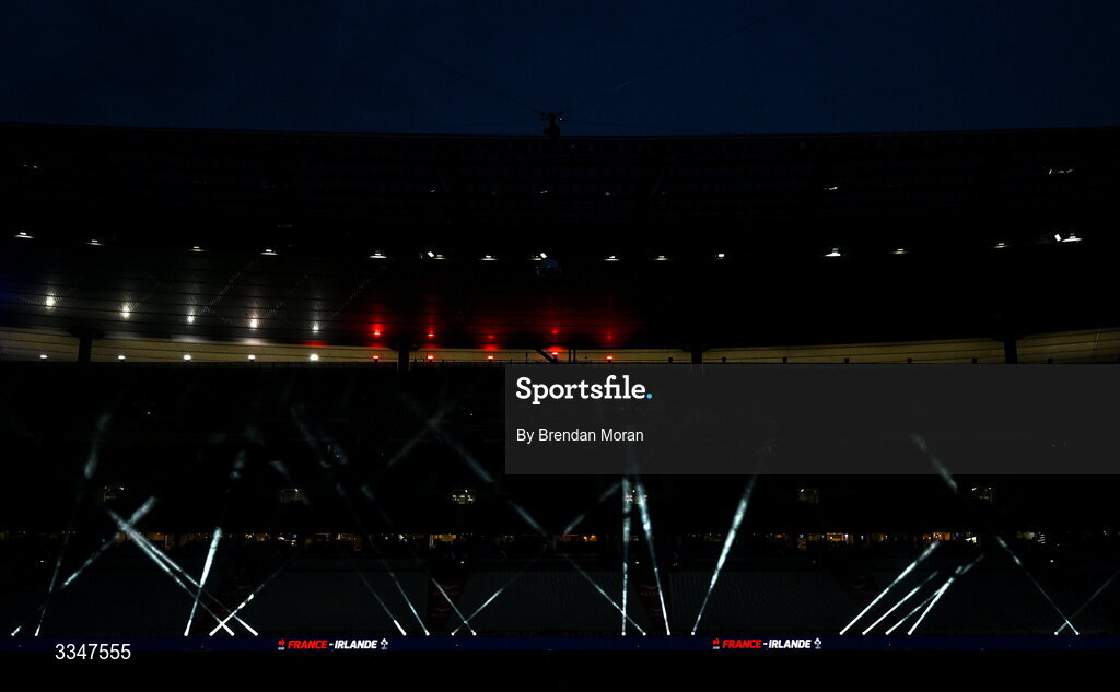 5 February 2026; A general view of the light show before the Guinness 6 Nations Rugby Championship match between France and Ireland at Stade de France in Paris, France. Photo by Brendan Moran/Sportsfile