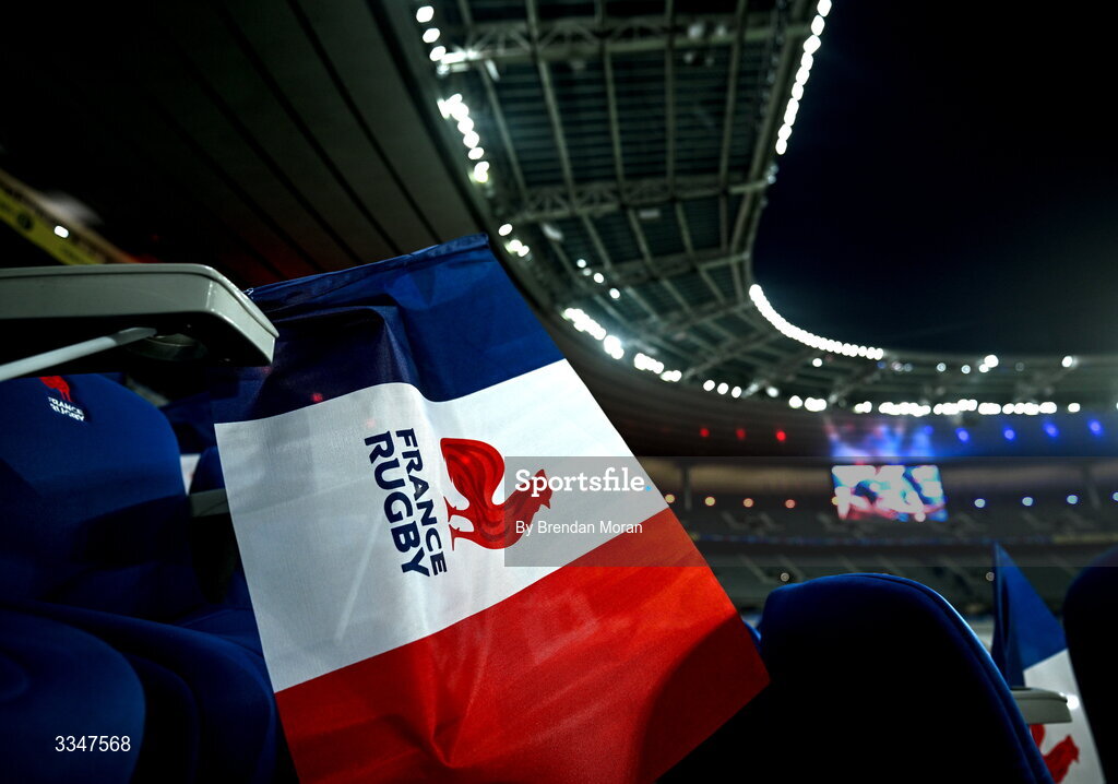 5 February 2026; A French flag is seen on a seat in the stands before the Guinness 6 Nations Rugby Championship match between France and Ireland at Stade de France in Paris, France. Photo by Brendan Moran/Sportsfile