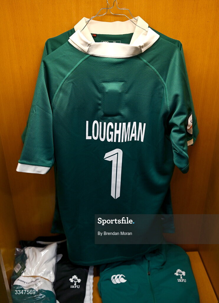 5 February 2026; The jersey of Jeremy Loughman in the Ireland dressing room before the Guinness 6 Nations Rugby Championship match between France and Ireland at Stade de France in Paris, France. Photo by Brendan Moran/Sportsfile