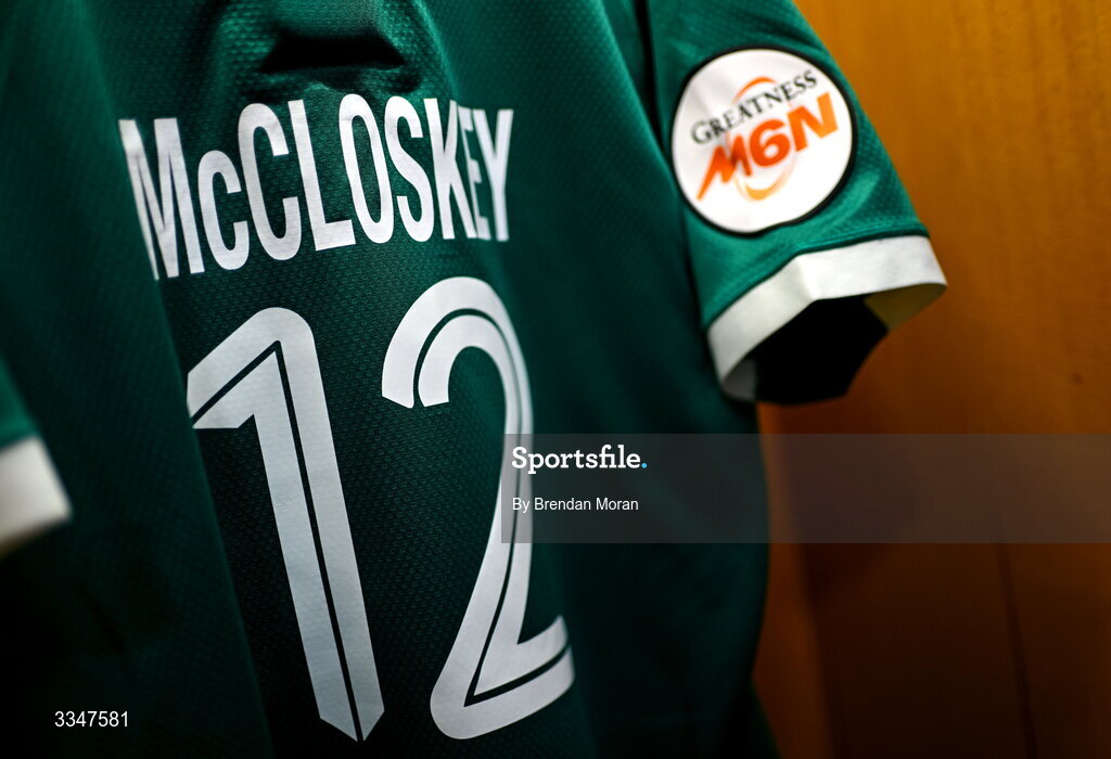 5 February 2026; The jersey of Stuart McCloskey in the Ireland dressing room before the Guinness 6 Nations Rugby Championship match between France and Ireland at Stade de France in Paris, France. Photo by Brendan Moran/Sportsfile