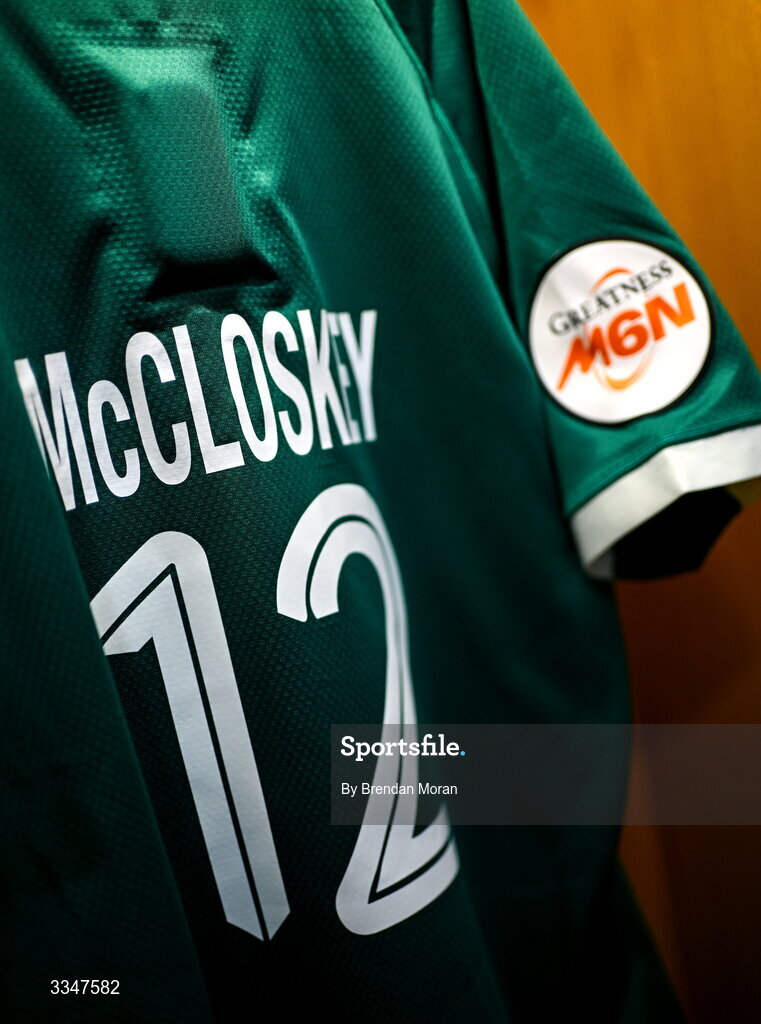 5 February 2026; The jersey of Stuart McCloskey in the Ireland dressing room before the Guinness 6 Nations Rugby Championship match between France and Ireland at Stade de France in Paris, France. Photo by Brendan Moran/Sportsfile