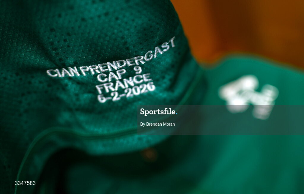 5 February 2026; The jersey of Cian Prendergast in the Ireland dressing room before the Guinness 6 Nations Rugby Championship match between France and Ireland at Stade de France in Paris, France. Photo by Brendan Moran/Sportsfile