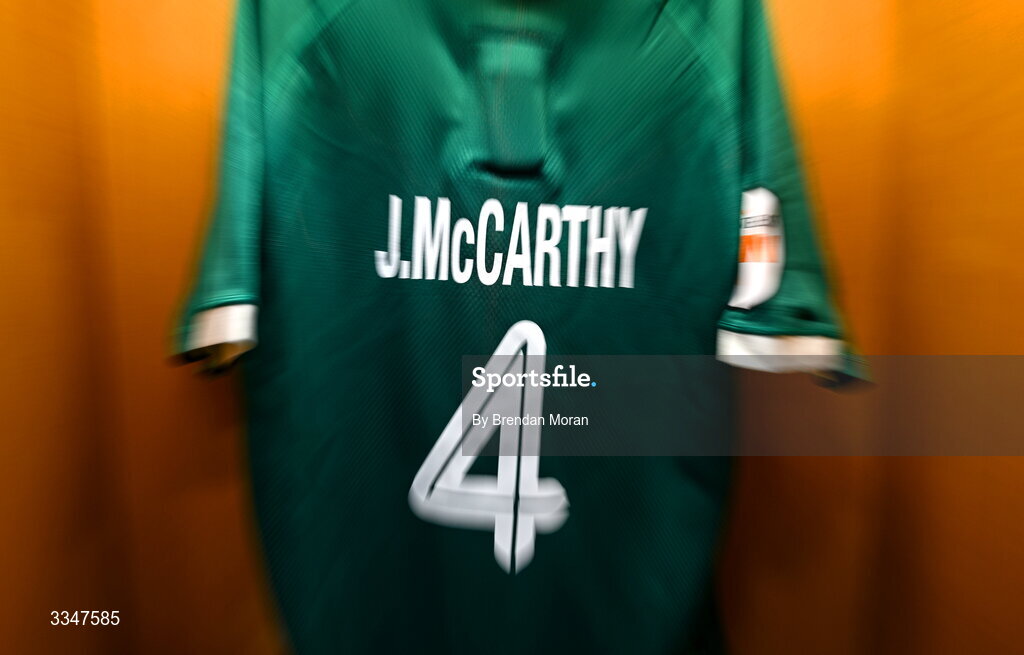 5 February 2026; The jersey of Joe McCarthy in the Ireland dressing room before the Guinness 6 Nations Rugby Championship match between France and Ireland at Stade de France in Paris, France. Photo by Brendan Moran/Sportsfile