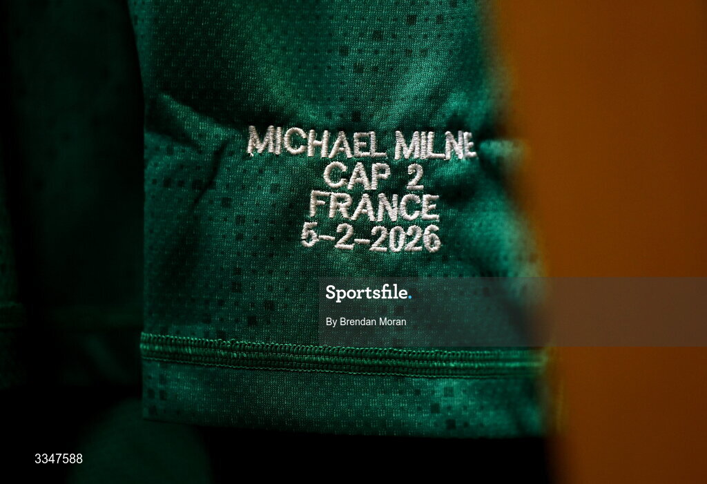 5 February 2026; The jersey of Michael Milne in the Ireland dressing room before the Guinness 6 Nations Rugby Championship match between France and Ireland at Stade de France in Paris, France. Photo by Brendan Moran/Sportsfile